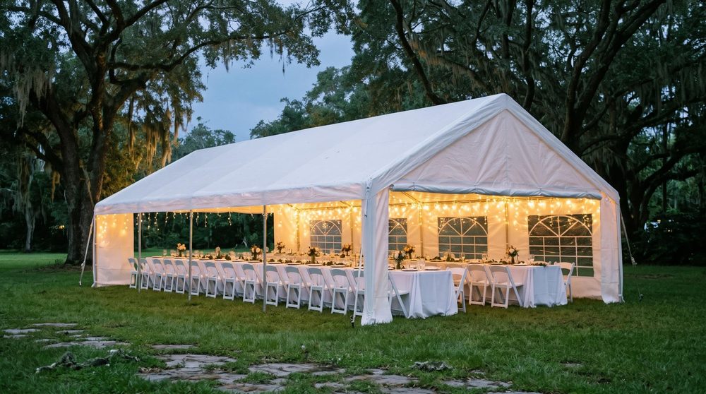 White frame tent at dusk on a lawn, string lights, long white tables with white folding chairs
