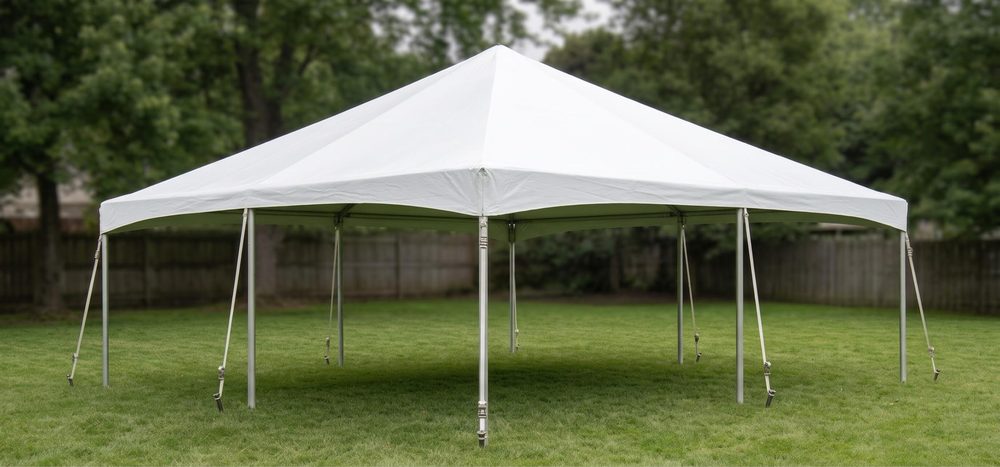 20 by 20 white frame tent on grass, staked, daylight